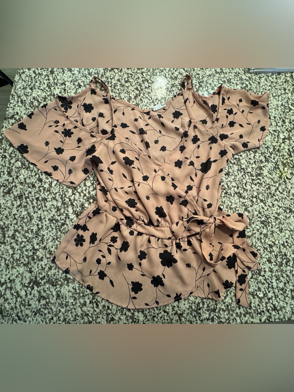 Women’s Black And Peach Floral Wrap Top With Tie Waist